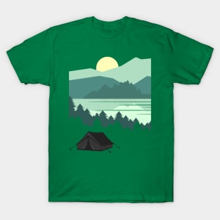 Camping in the mountain forest, lake reflection T-Shirt